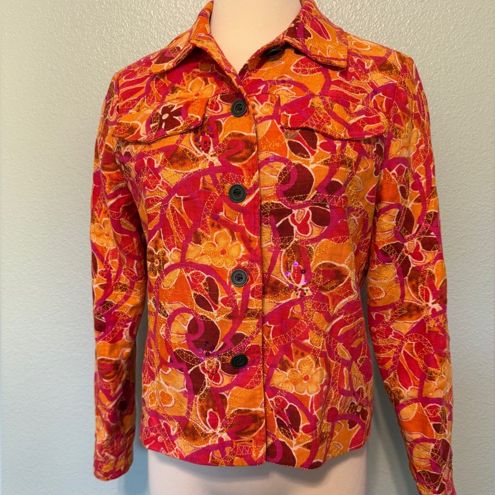 Coldwater Creek Floral Jean‎ Jacket in Pink and Orange